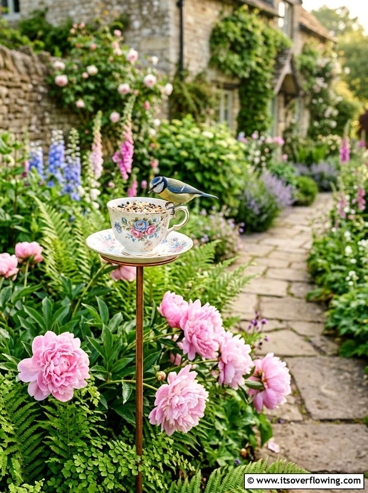 Vintage Teacup Bird Feeder - 25 upcycled garden ideas with bird feeders