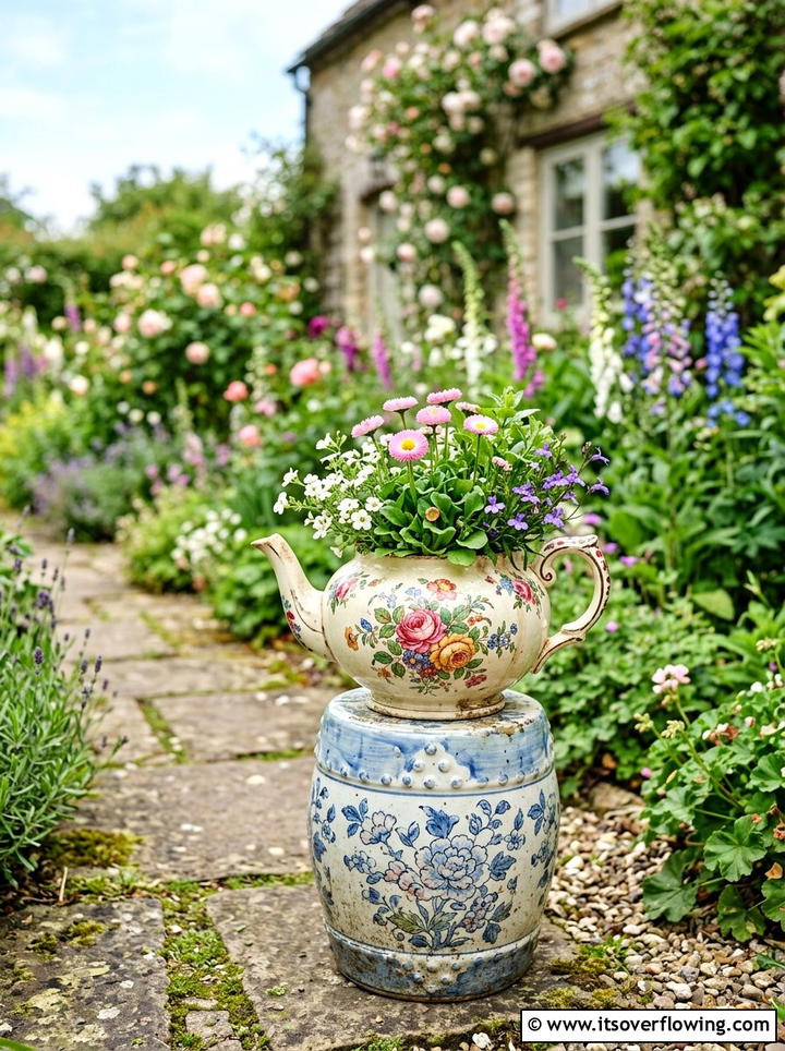Vintage Teapot Flower Pot - 25 upcycled garden ideas for front yards
