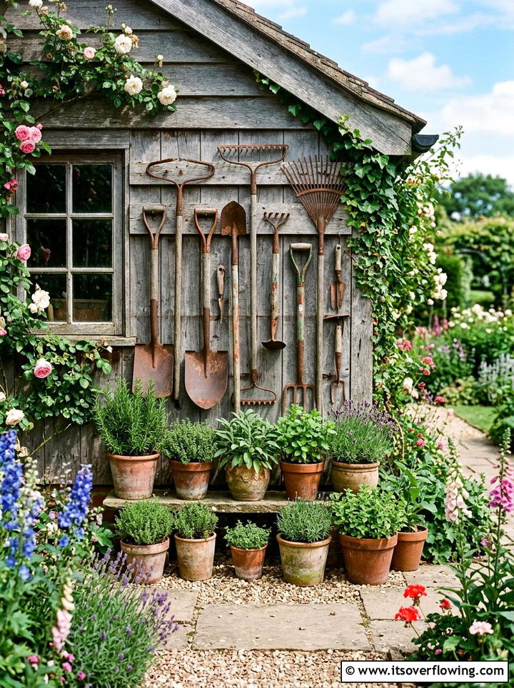 Vintage Tool Display - 25 garden ideas for farmhouse homes