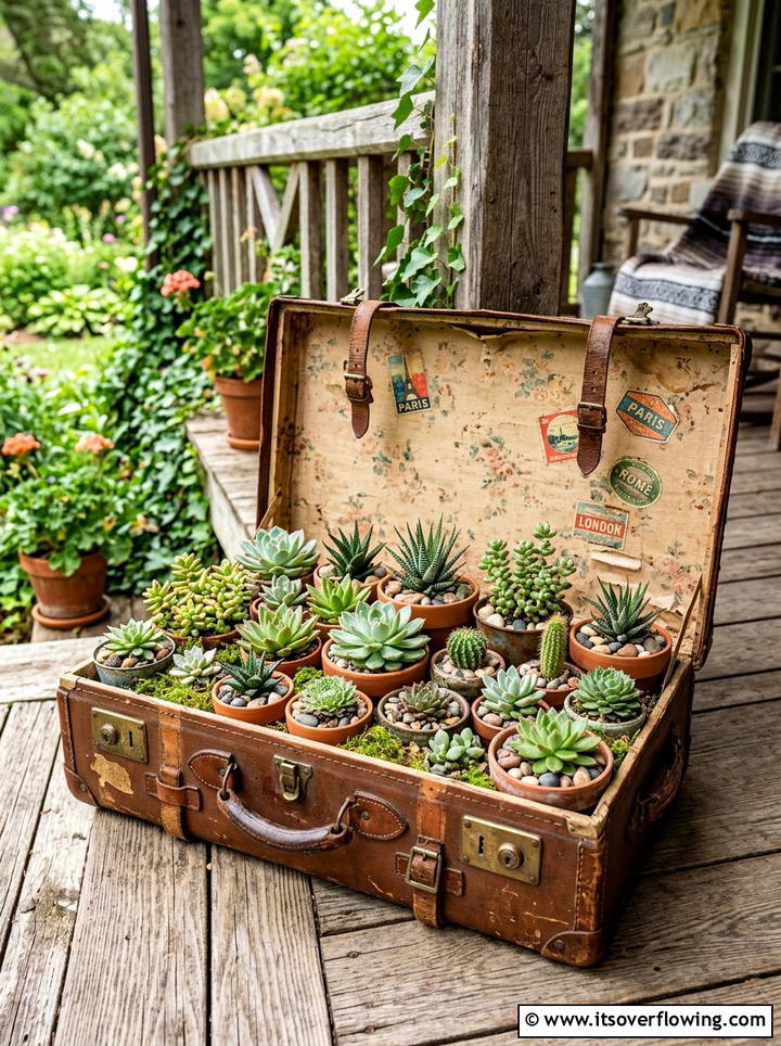 Vintage Travel Suitcase - 25 reusing old things ideas for rustic garden look