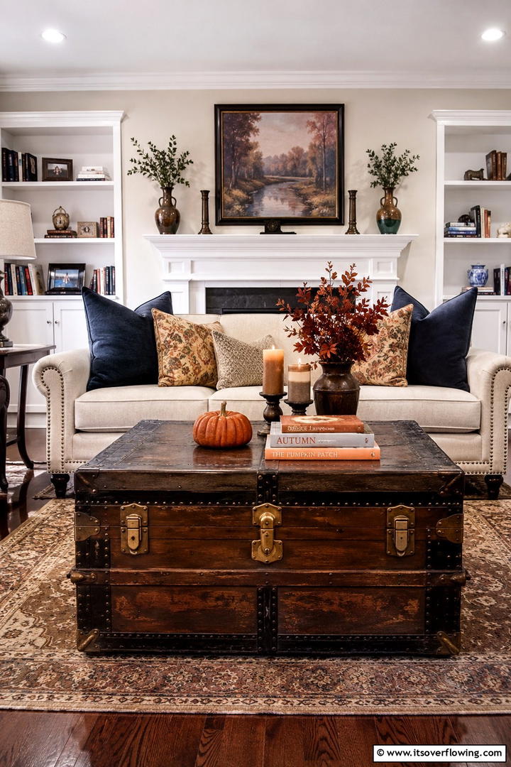 Vintage Trunk Coffee Table - 50 Living Room Fall Decor Ideas for Cozy Autumn Updates