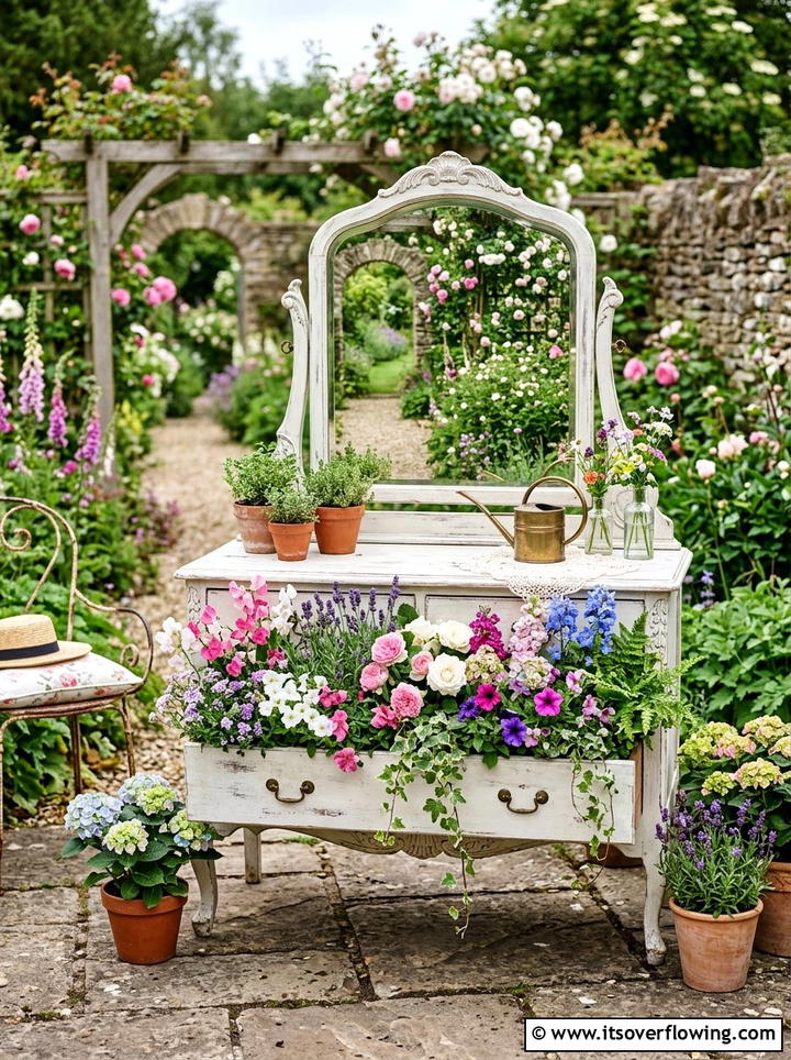 Vintage Vanity Garden Display - 25 garden ideas with old furniture