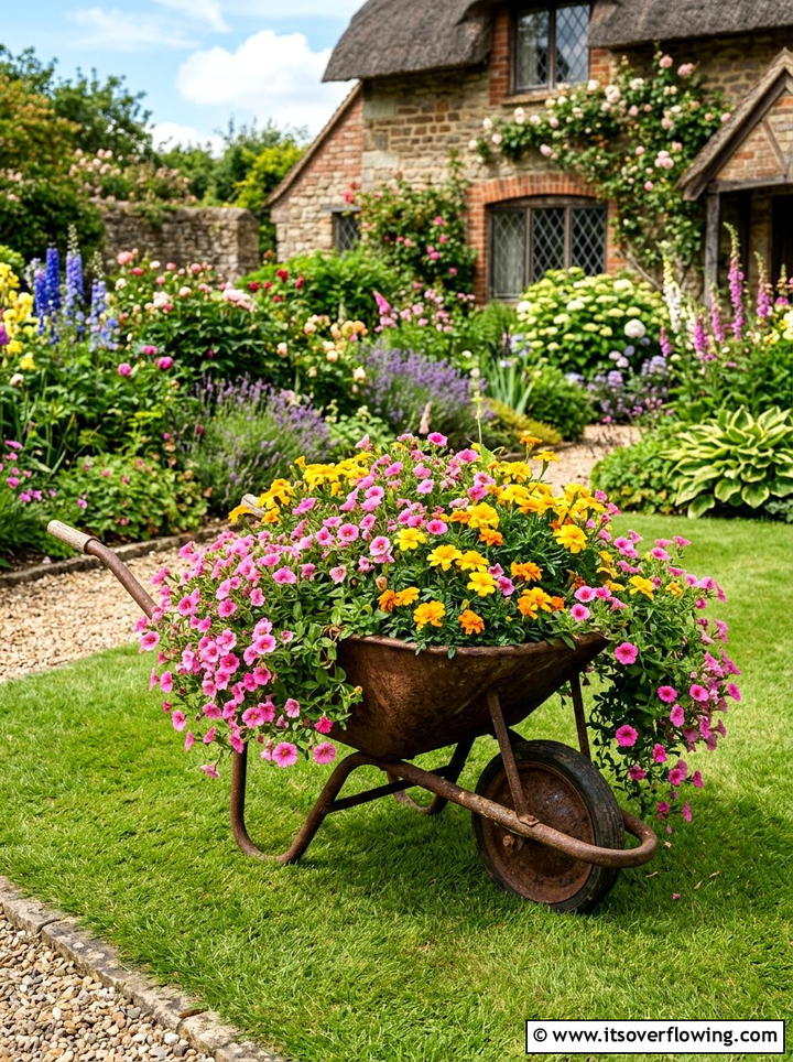 Vintage Wheelbarrow Flower Bed - 25 upcycled garden ideas with cottage style