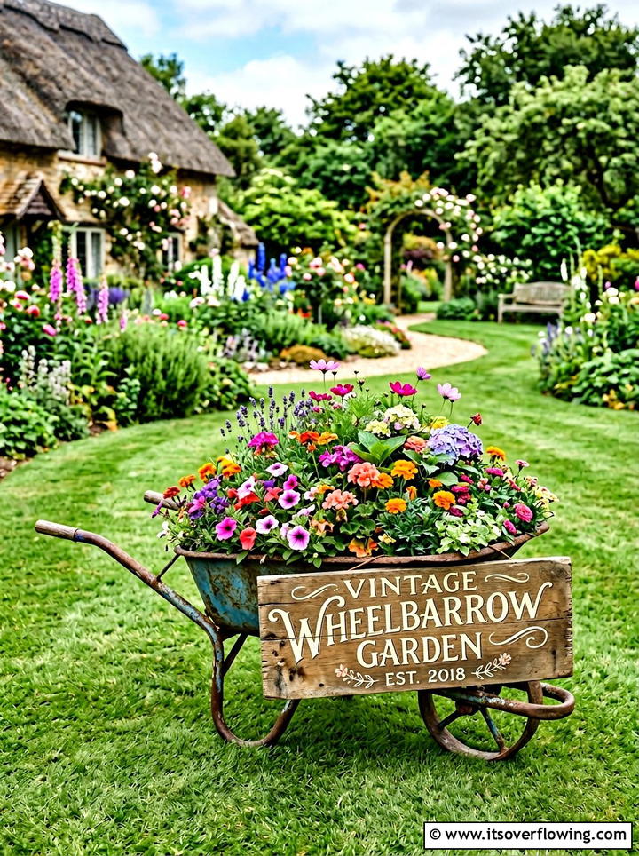 Vintage Wheelbarrow Garden - 25 upcycled garden ideas with garden signs