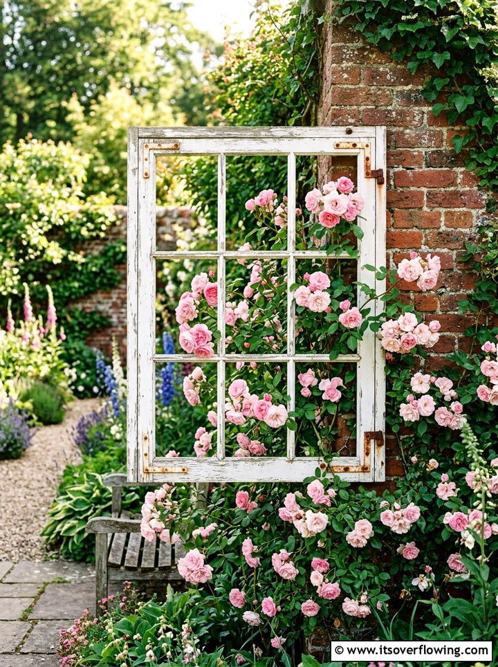 Vintage Window Frame Trellis - 25 upcycled garden ideas