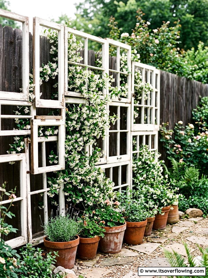 Vintage Window Trellis Wall - 25 upcycled garden ideas with trellis walls