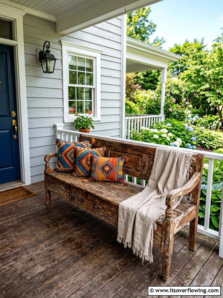 Vintage Wood Bench - 25 front porch ideas with boho style