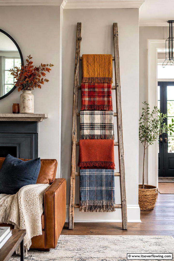 Vintage Wooden Ladder - 50 Living Room Fall Decor Ideas for Cozy Autumn Updates