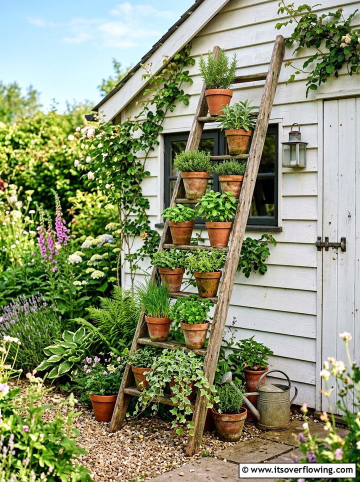 Vintage Wooden Ladder Garden - 25 reusing old things ideas for farmhouse garden look
