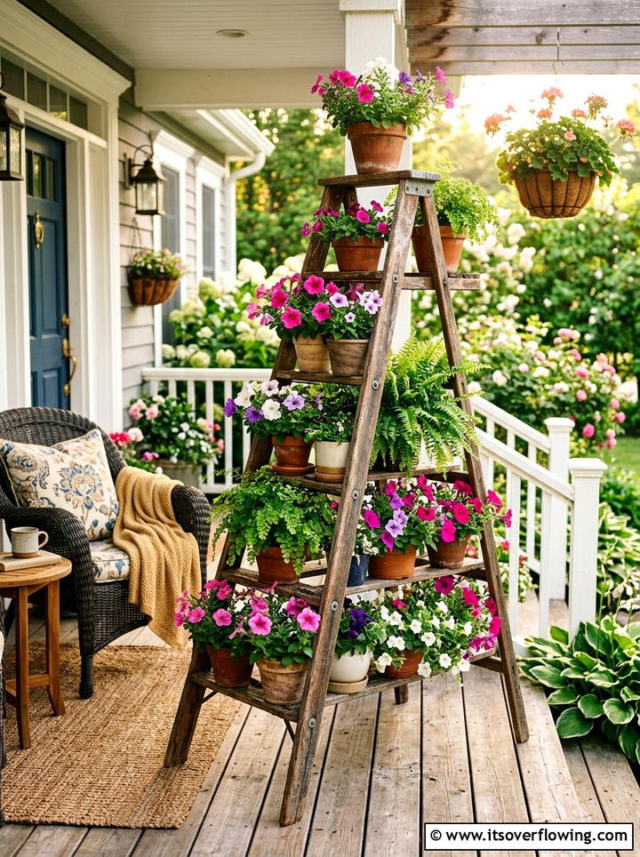 Vintage Wooden Ladder Planter - 25 front porch ideas with repurposed ladders