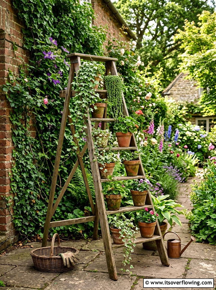 Vintage Wooden Ladder - 25 garden decor ideas with vintage pieces