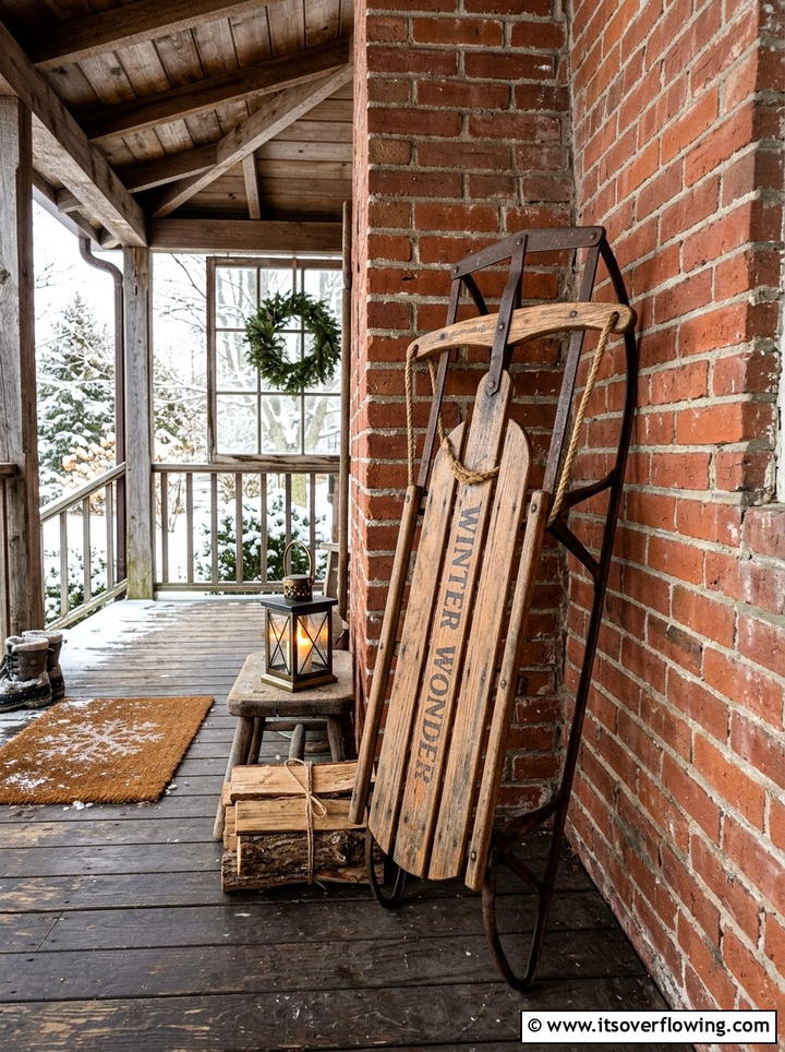 Vintage Wooden Sled - 25 front porch decor ideas for winter