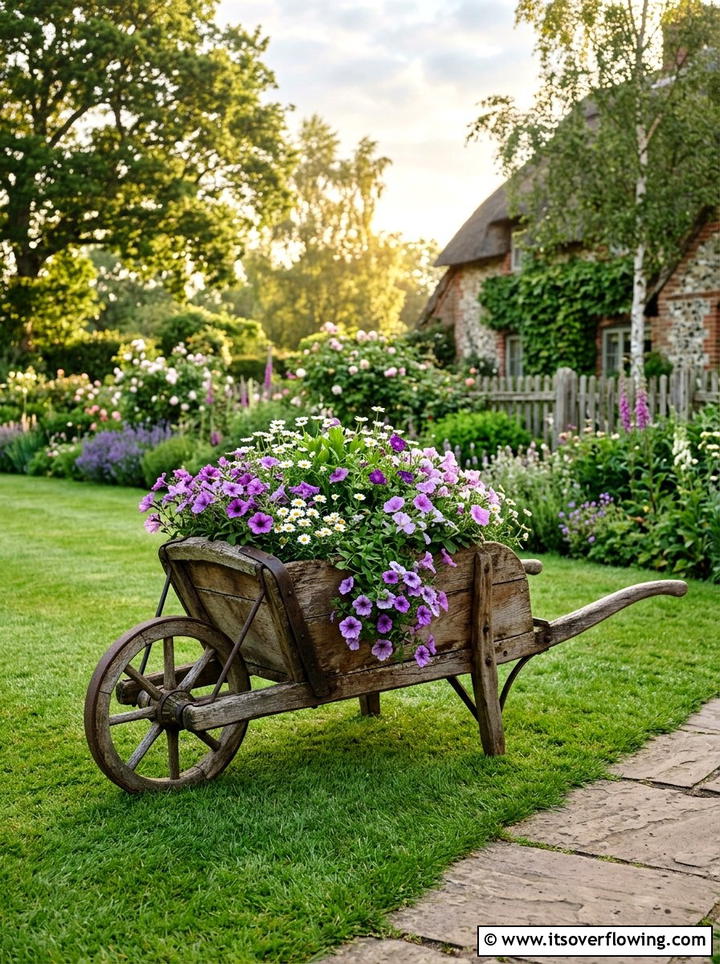 Vintage Wooden Wheelbarrow - 25 garden decor ideas with farmhouse accents