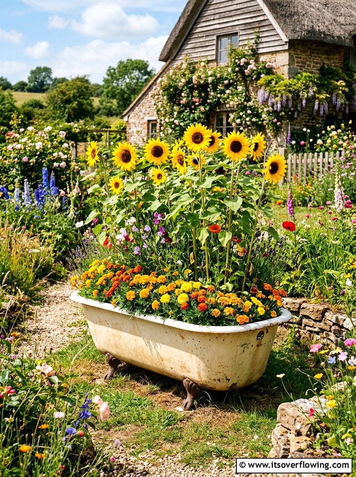 Vintage bathtub flower bed - 25 upcycled garden ideas with old tubs