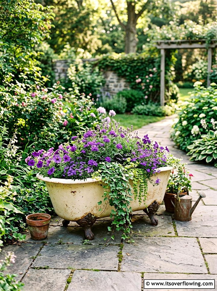 Vintage bathtub planter - 25 upcycled garden ideas with watering stations