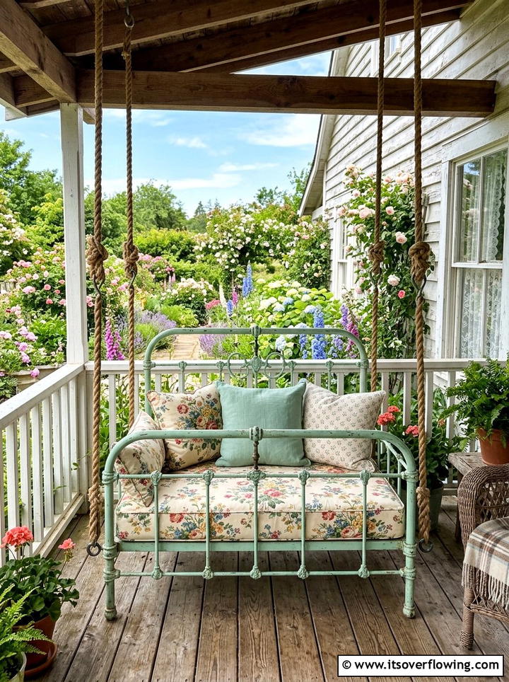 Vintage bed frame porch swing - 25 front porch ideas with repurposed furniture