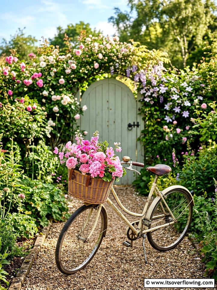 Vintage bicycle flower basket - 25 upcycled garden ideas with watering stations