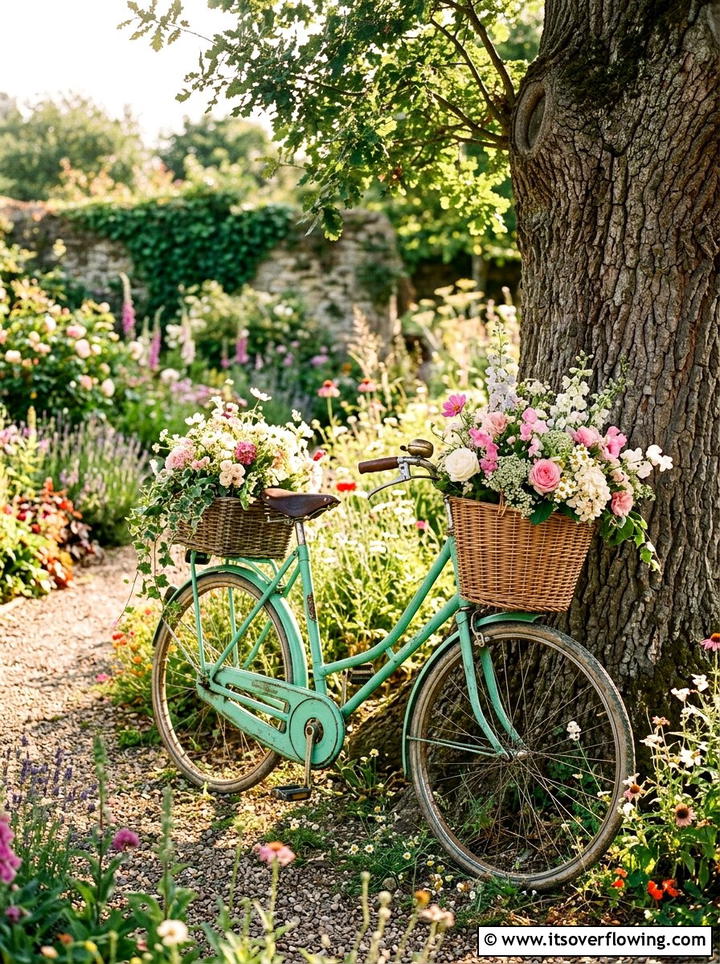 Vintage bicycle flower display - 25 upcycled garden ideas for sunny spaces