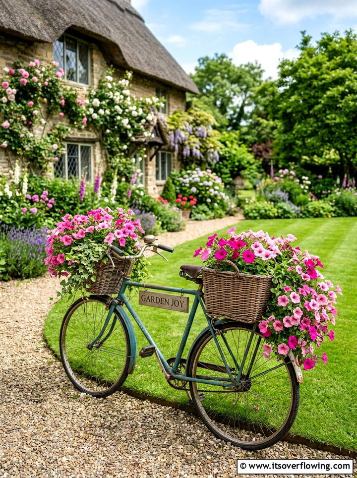 Vintage bicycle flower planter - 25 garden decor ideas with floral displays