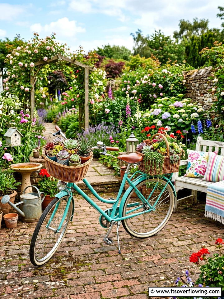 Vintage bicycle plant holder - 25 backyard decorating ideas with succulent pots