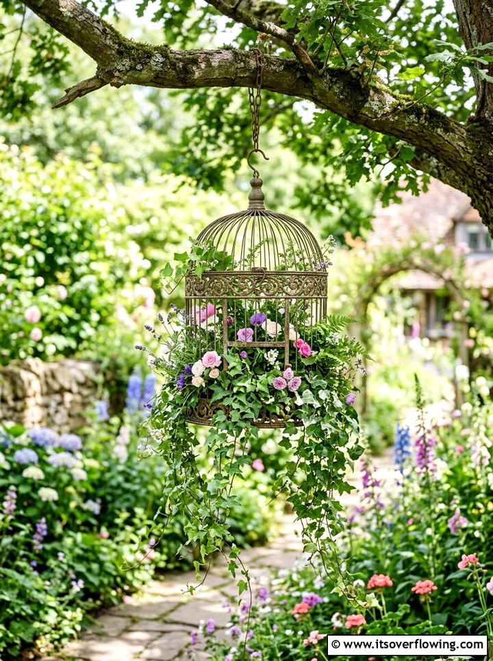 Vintage birdcage plant holder - 25 upcycled garden ideas with vertical gardens