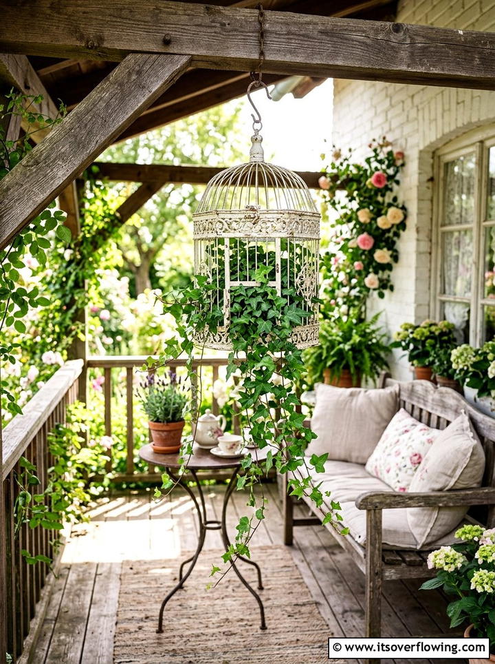 Vintage birdcage plant holder - 25 upcycled garden ideas with farmhouse style