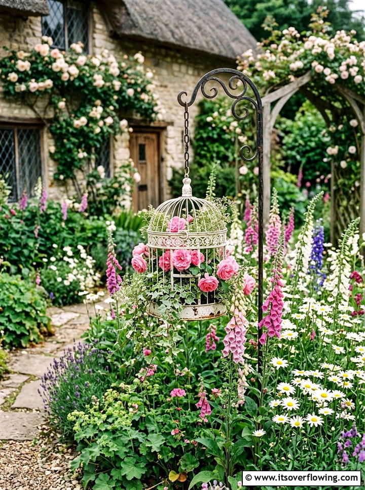 Vintage birdcage planter - 25 garden decor ideas with hanging decor