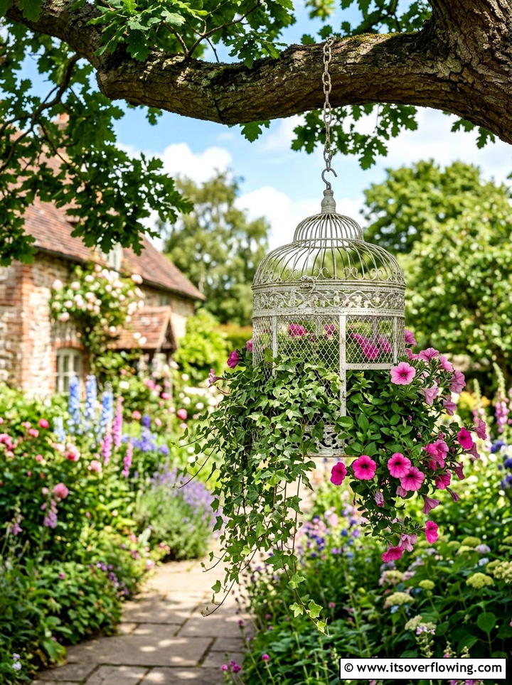 Vintage birdcage planter - 25 garden decor ideas with antique finds