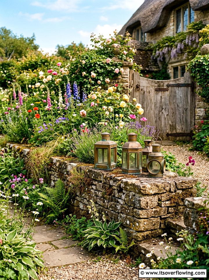 Vintage brass lanterns on stone wall - 25 garden decor ideas with lanterns