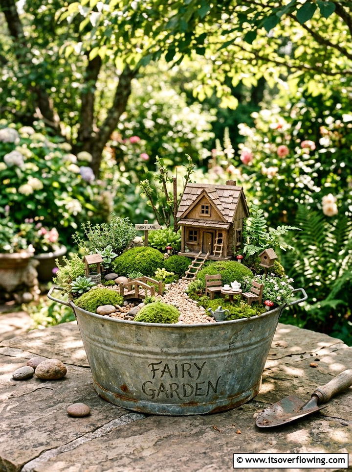 Vintage bucket fairy garden - 25 upcycled garden ideas with old buckets