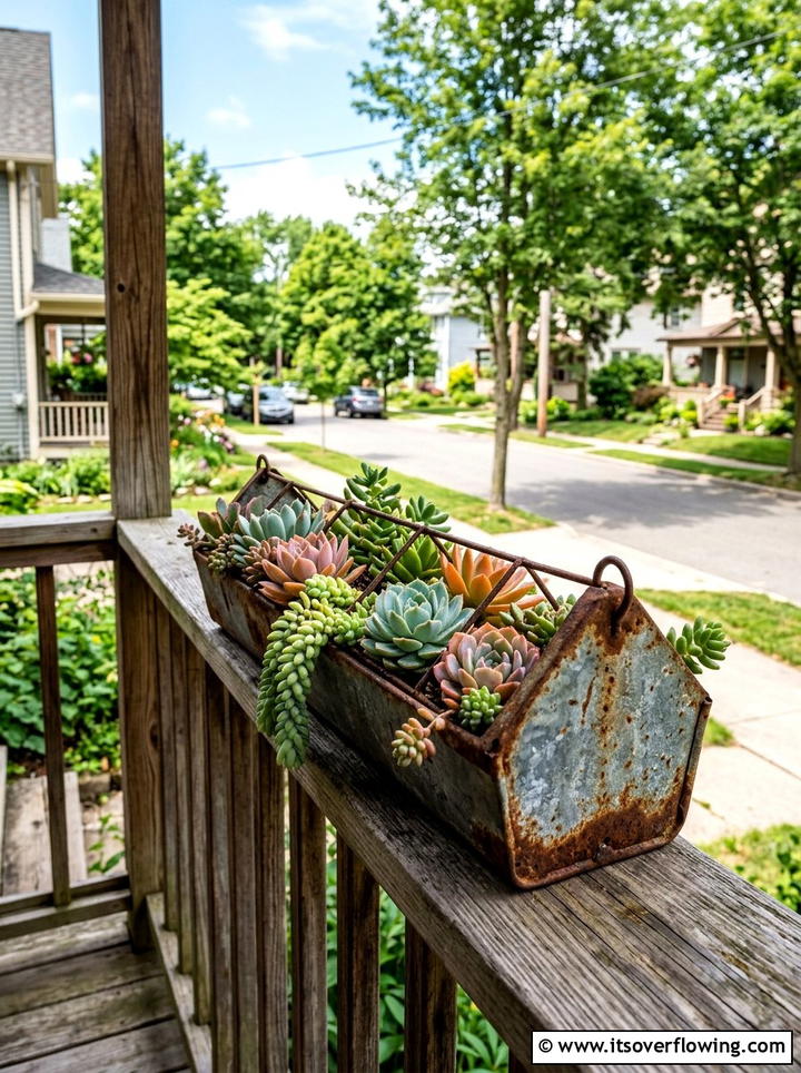 Vintage chicken feeder planter - 25 front porch ideas with repurposed furniture