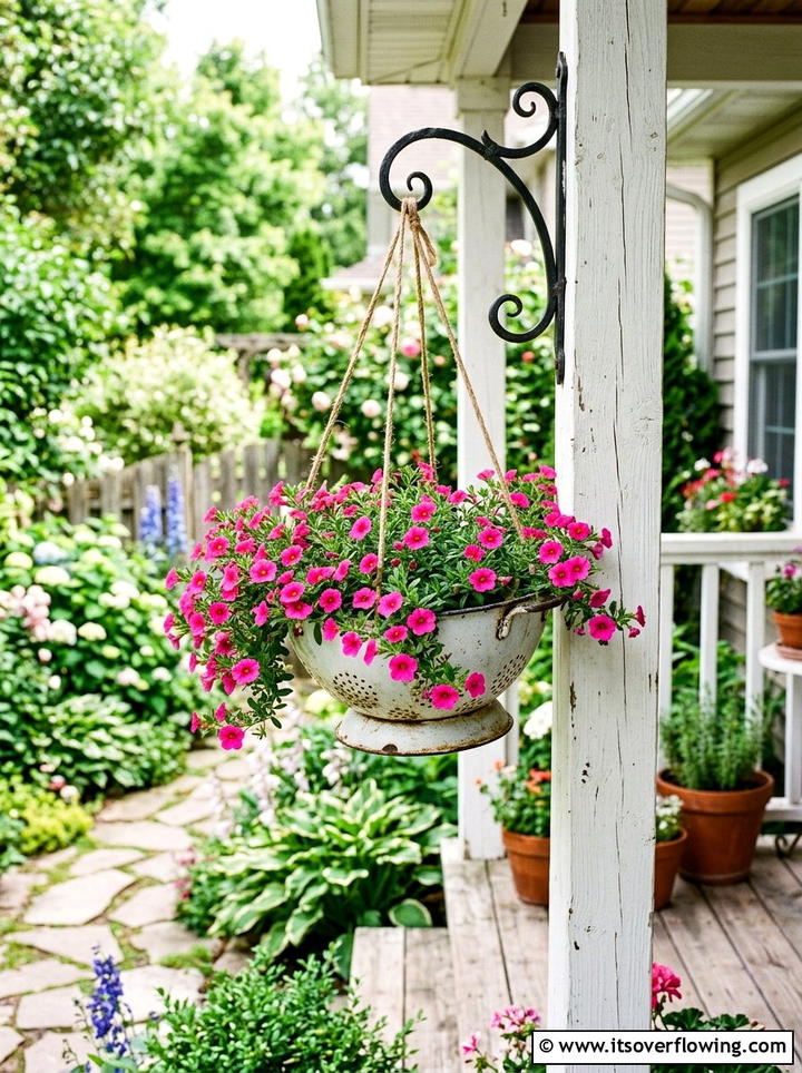Vintage colander hanging basket - 25 upcycled garden ideas with farmhouse style