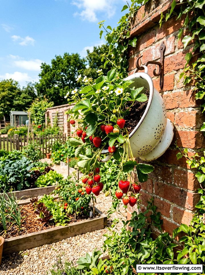 Vintage colander strawberry patch - 25 recycled garden ideas with old colanders
