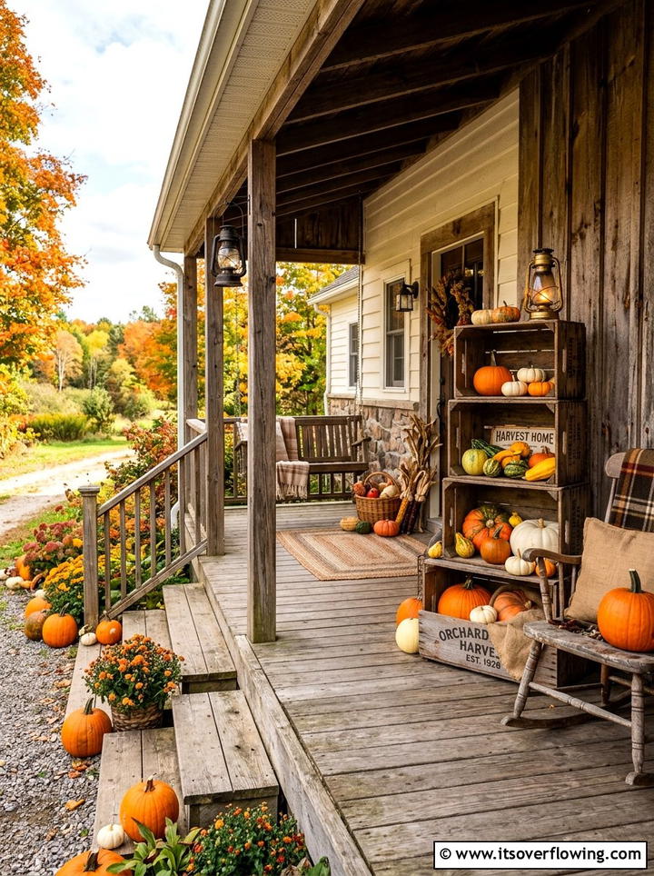 Vintage crate pumpkin porch - 25 front porch ideas with pumpkins