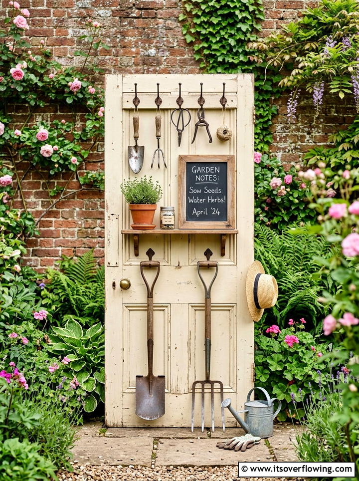 Vintage door garden organizer - 25 upcycled garden ideas with tool storage