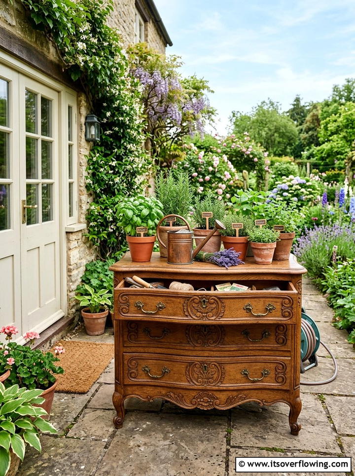 Vintage dresser herb station - 25 upcycled garden ideas with old dressers