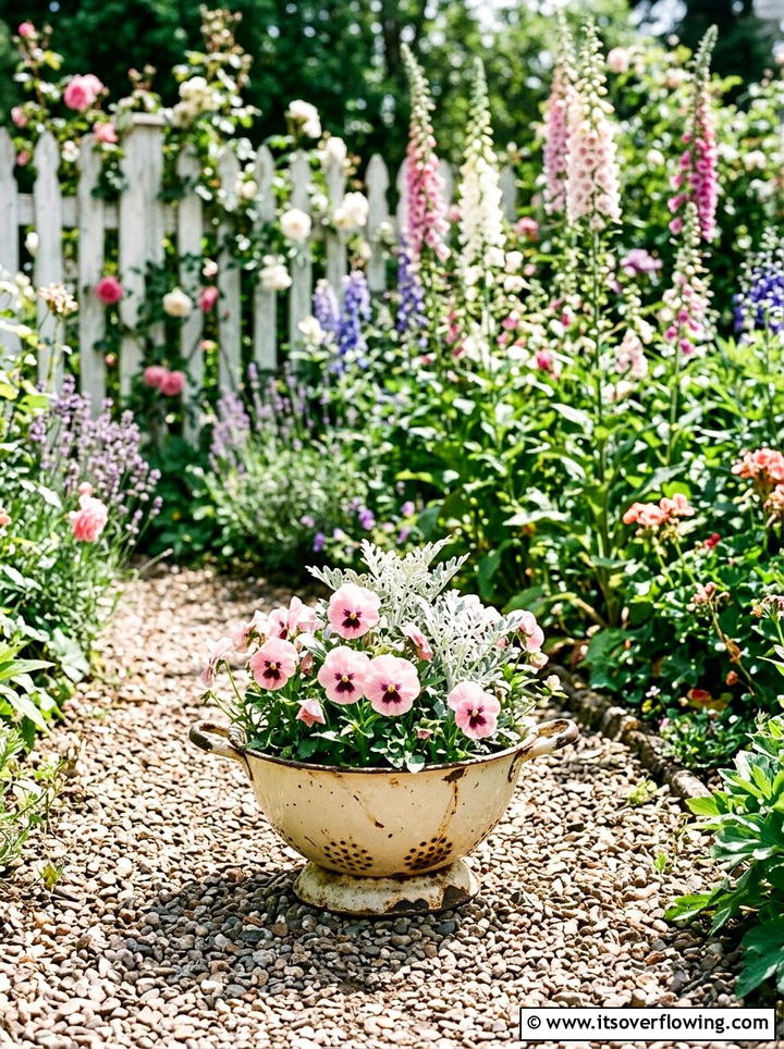 Vintage enamel colander - 25 upcycled garden ideas with old colanders