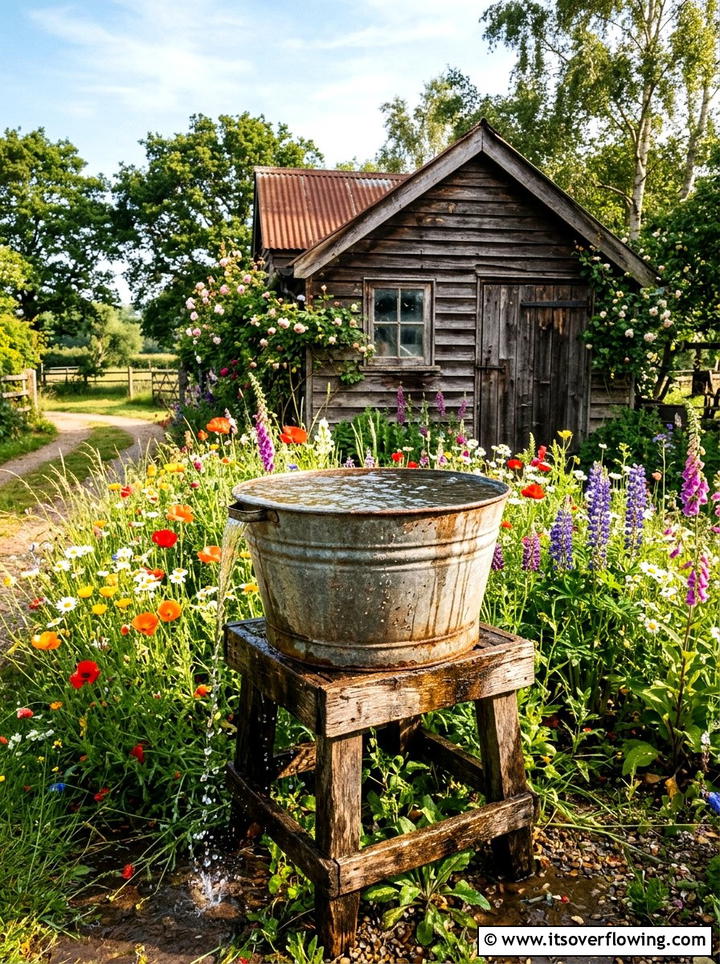 Vintage galvanized wash tub rain collector - 25 creative garden ideas with rain barrel displays