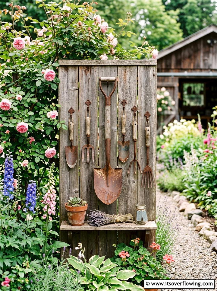 Vintage garden tool wall decor - 25 garden decor ideas with antique finds
