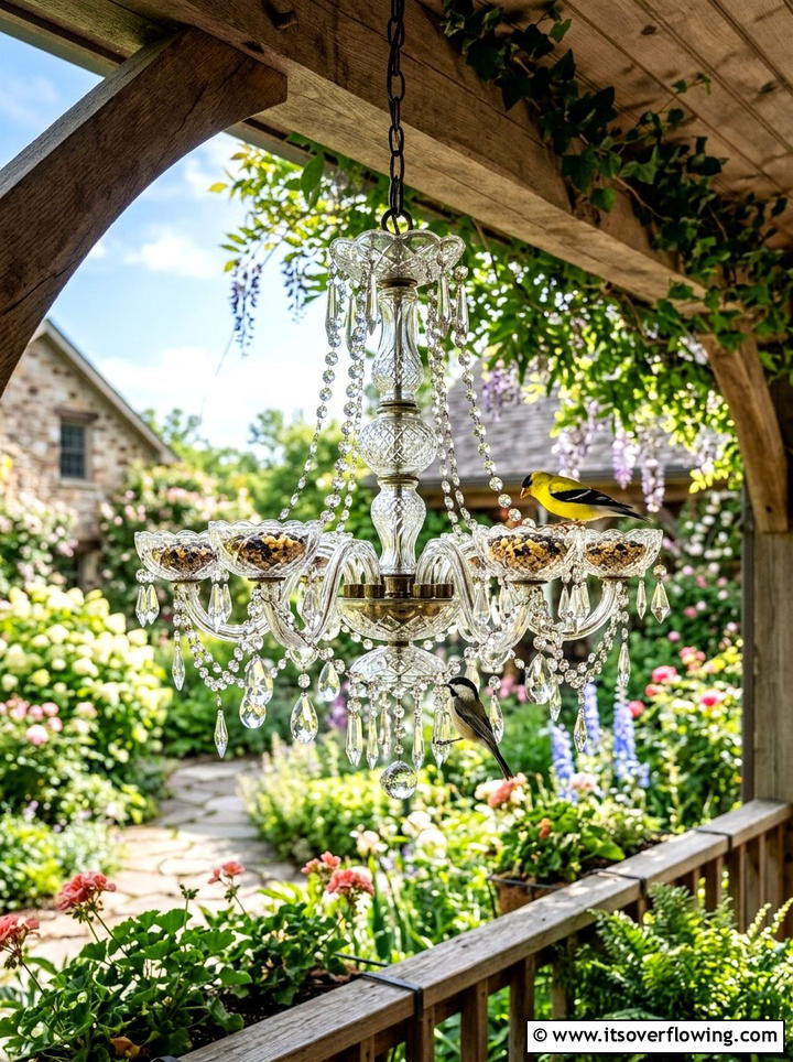 Vintage glass chandelier bird feeder - 25 garden decor ideas with antique finds