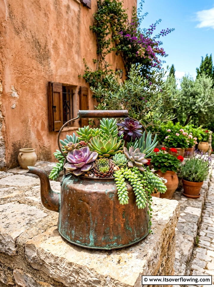 Vintage kettle succulent garden - 25 upcycled garden ideas with old kettles