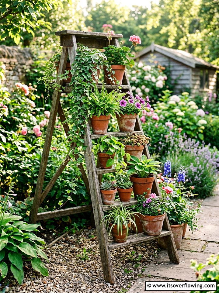 Vintage ladder plant stand - 25 reusing old things ideas for boho garden look