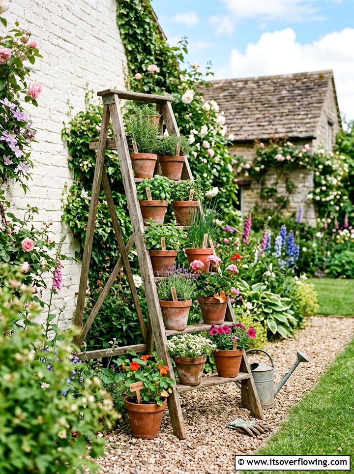Vintage ladder plant stand - 25 upcycled garden ideas with farmhouse style