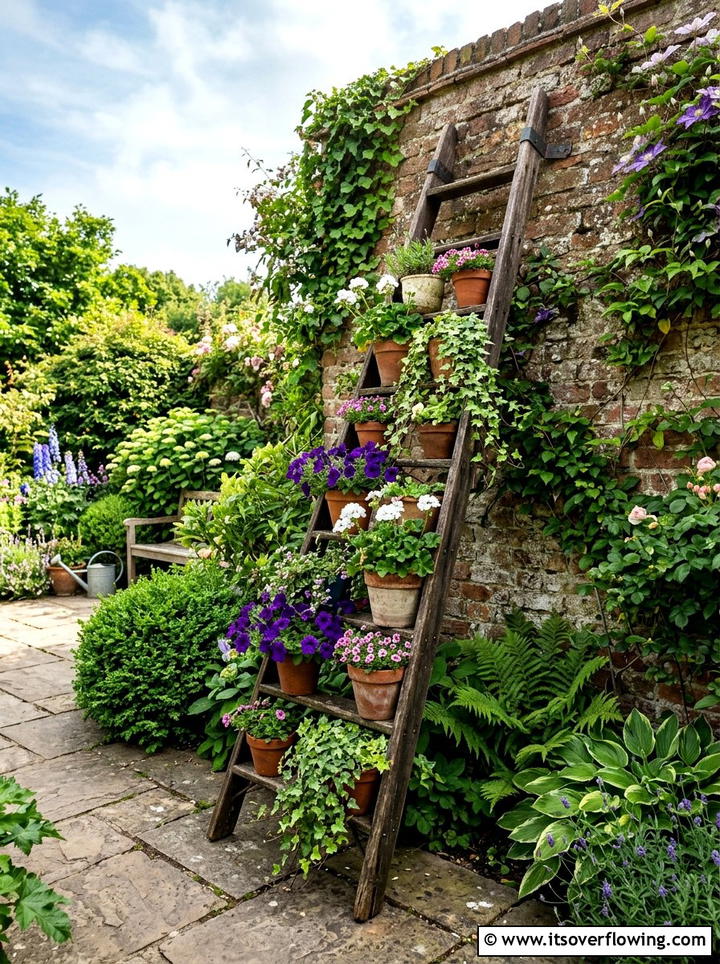 Vintage ladder planter - 25 cheap garden ideas with thrifted decor