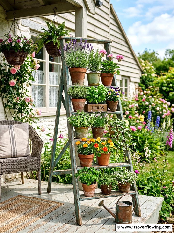 Vintage ladder pot stand - 25 garden design ideas with pot displays