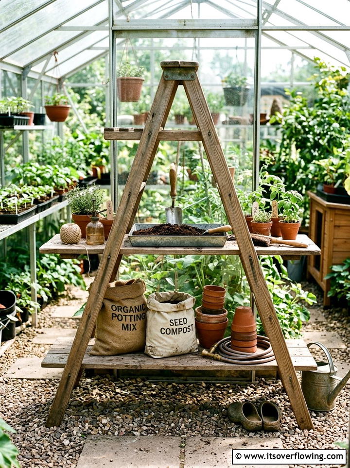 Vintage ladder potting bench - 25 upcycled garden ideas with ladder shelves