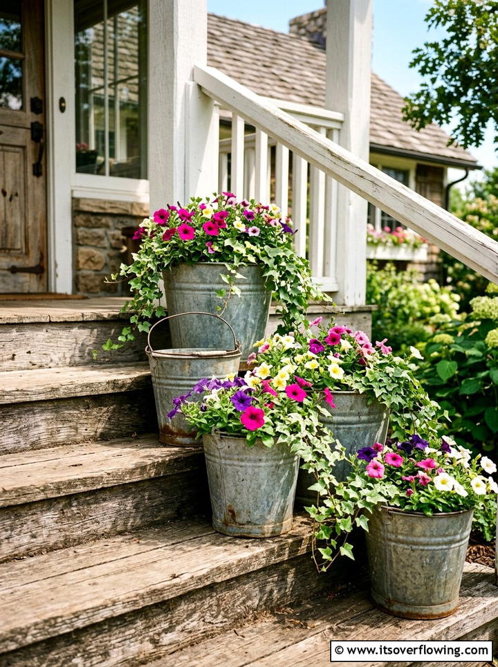Vintage metal bucket - 25 garden decor ideas for cottage gardens