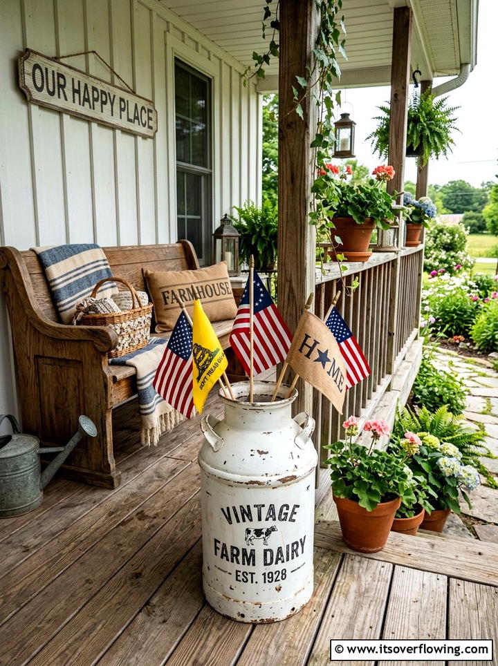 Vintage milk can with flags - 25 front porch ideas with patriotic decor