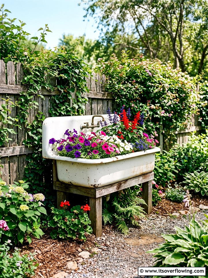 Vintage porcelain sink planter - 25 upcycled garden ideas with old sinks