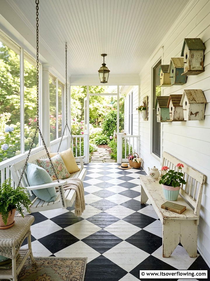 Vintage porch checkerboard wood floor - 25 front porch ideas with wood floor